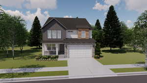 View of front of house with a front yard, concrete driveway, board and batten siding, an attached garage, and stone siding