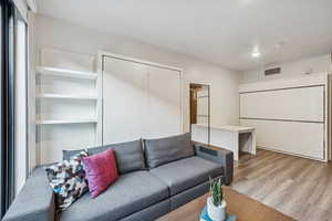 Living room featuring light wood-type flooring and recessed lighting