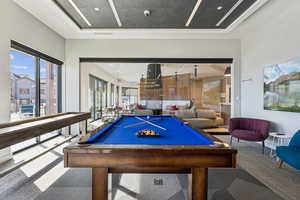 Game room with billiards table, recessed lighting, and carpet flooring