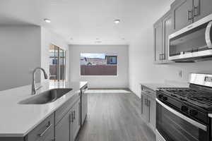 Kitchen featuring gray cabinetry, appliances with stainless steel finishes, light wood-style flooring, an island with sink, and light stone countertops