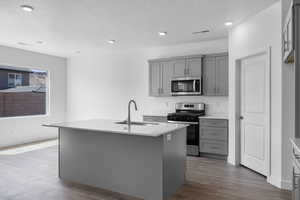 Kitchen with gray cabinetry, stainless steel appliances, dark wood-style flooring, a center island with sink, and recessed lighting