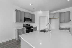 Kitchen with gray cabinets, stainless steel appliances, wood finished floors, recessed lighting, and a kitchen island with sink