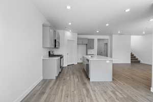 Kitchen with stainless steel appliances, gray cabinets, light wood-type flooring, recessed lighting, and an island with sink