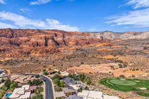Aerial overview of property's location with a mountain backdrop