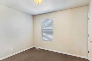Carpeted spare room with a textured ceiling and baseboards