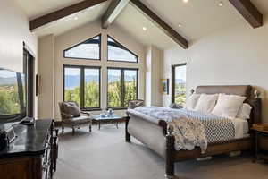 Bedroom with beam ceiling, carpet floors, a mountain view, high vaulted ceiling, and recessed lighting