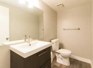 Bathroom featuring dark wood-style floors and vanity