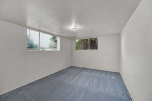 Empty room with carpet and a textured ceiling