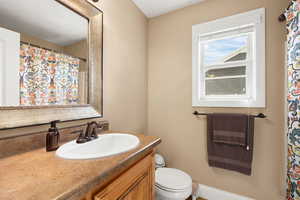 Full bathroom with vanity and curtained shower