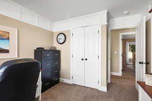 Office space with dark carpet