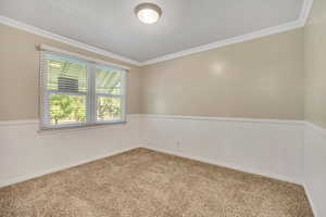 Carpeted empty room with wainscoting and crown molding