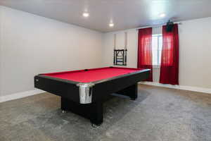 Rec room with billiards table, light colored carpet, and recessed lighting
