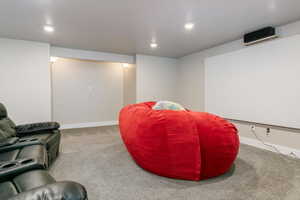 Carpeted cinema room featuring baseboards and recessed lighting