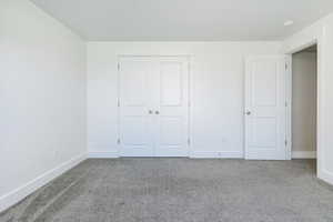 Unfurnished bedroom featuring carpet flooring and a large walk-in closet