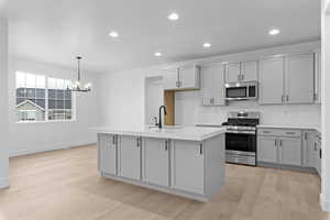 Kitchen with appliances with stainless steel finishes, backsplash, recessed lighting, gray cabinets, and a kitchen island with sink