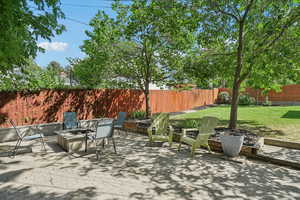 Fenced backyard featuring a patio and an outdoor fire pit
