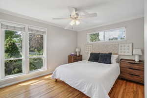 Bedroom with wood finished floors, ornamental molding, and ceiling fan