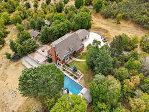 View from above of property featuring a pool