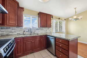 Kitchen with electric range, a peninsula, reddish brown cabinets, stainless steel dishwasher, and hanging light fixtures