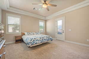 Bedroom featuring a raised ceiling, light carpet, a ceiling fan, and access to exterior