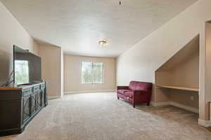 Living area with light carpet and a textured ceiling