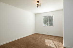 Carpeted empty room featuring baseboards and ornamental molding
