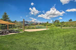 View of property's community featuring volleyball court and a lawn