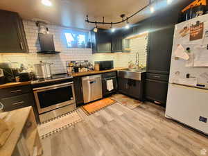 Kitchen featuring butcher block countertops, stainless steel appliances, decorative backsplash, and light wood-type flooring