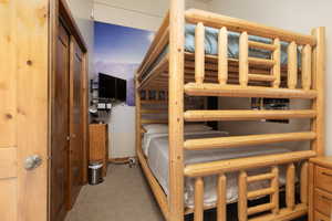 Bedroom with light carpet