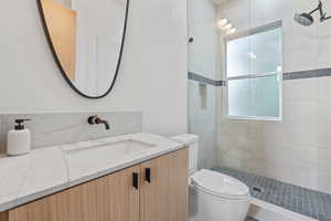 Bathroom featuring vanity and a shower stall