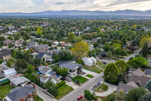 Aerial perspective of suburban area featuring mountains