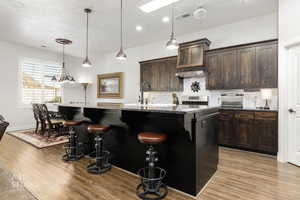 Kitchen featuring pendant lighting, a kitchen bar, tasteful backsplash, dark brown cabinetry, and an island with sink