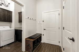 Laundry area with washer / clothes dryer, dark wood-type flooring, and cabinet space