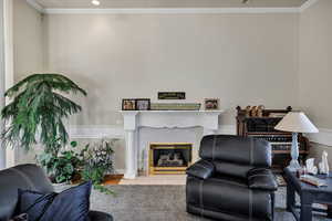 Living area with a wainscoted wall, crown molding, a fireplace with flush hearth, recessed lighting, and carpet