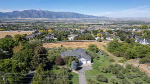 Aerial view of residential area with a mountainous background