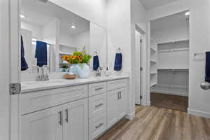Bathroom featuring double vanity, light wood finished floors, a walk in closet, and recessed lighting