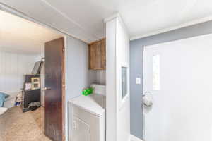 Laundry area with washer / clothes dryer, light colored carpet, and cabinet space