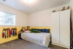 Carpeted bedroom with ornamental molding