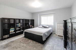 Bedroom with light carpet and a textured ceiling