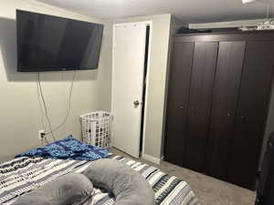 Bedroom featuring light carpet, a closet, and a textured ceiling