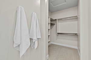 Spacious closet featuring light colored carpet and attic access