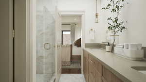 Rendering - Bathroom featuring connected bathroom, a shower stall, and double vanity