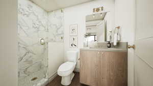 Rendering - Bathroom with a marble finish shower, vanity, and dark wood-style flooring