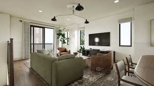 Rendering - Living area with wood finished floors and recessed lighting