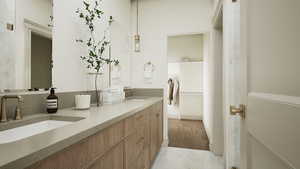 Rendering Bathroom with double vanity and light marble finish flooring