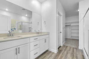 Bathroom featuring a shower stall, double vanity, a walk in closet, and light wood-style floors