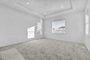 Unfurnished room with a raised ceiling, light carpet, and recessed lighting