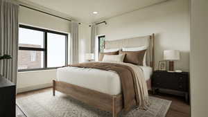 Rendering - Bedroom featuring wood finished floors and recessed lighting