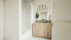 Rendering - Full bathroom featuring vanity and shower / bath combo with shower curtain