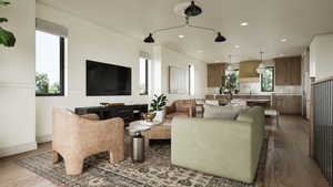 Rendering - Living room with dark wood-type flooring and recessed lighting